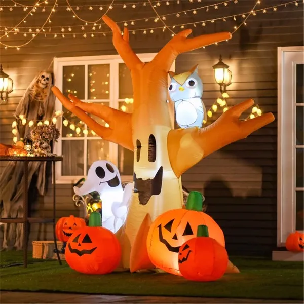 7.5 FT Halloween Inflatable Ghost Tree with Owl and Jack-O-Lanterns - Light Up Yard Decoration