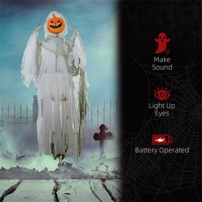 4 FT Hanging Halloween Pumpkin Ghost with Sound and Glowing Red Eyes - Motion Activated Decoration