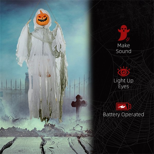 4 FT Hanging Halloween Pumpkin Ghost with Sound and Glowing Red Eyes - Motion Activated Decoration