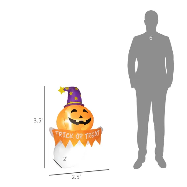 3.5 FT Halloween Inflatable Pumpkin with Witch Hat - Trick or Treat Light Up Yard Decoration - Image 2
