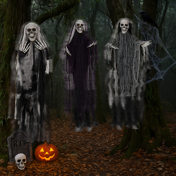 3 Pack Hanging Grim Reapers - Halloween Skeleton Ghost Decorations for Outdoor Porch, Tree & Yard - Image 4