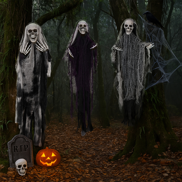 3 Pack Hanging Grim Reapers - Halloween Skeleton Ghost Decorations for Outdoor Porch, Tree & Yard - Image 3
