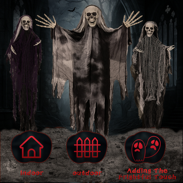 3 Pack Hanging Grim Reapers - Halloween Skeleton Ghost Decorations for Outdoor Porch, Tree & Yard - Image 6